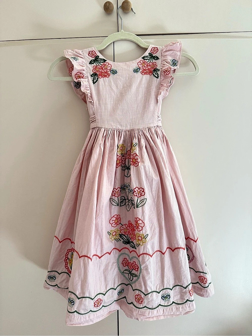 Mini Boden Embroidered Ruffle Dress Pink Girls Size 6-7Y